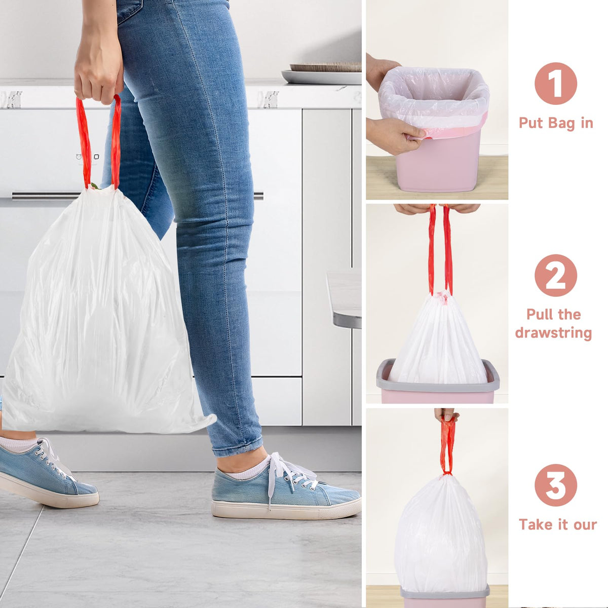 2 Gallon White Drawstring Trash Bags 60 Count R9315