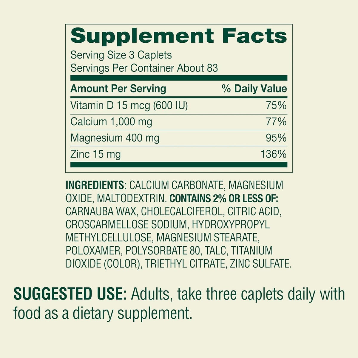 Calcium Magnesium Zinc with Vitamin D3 250 Caplets P70178