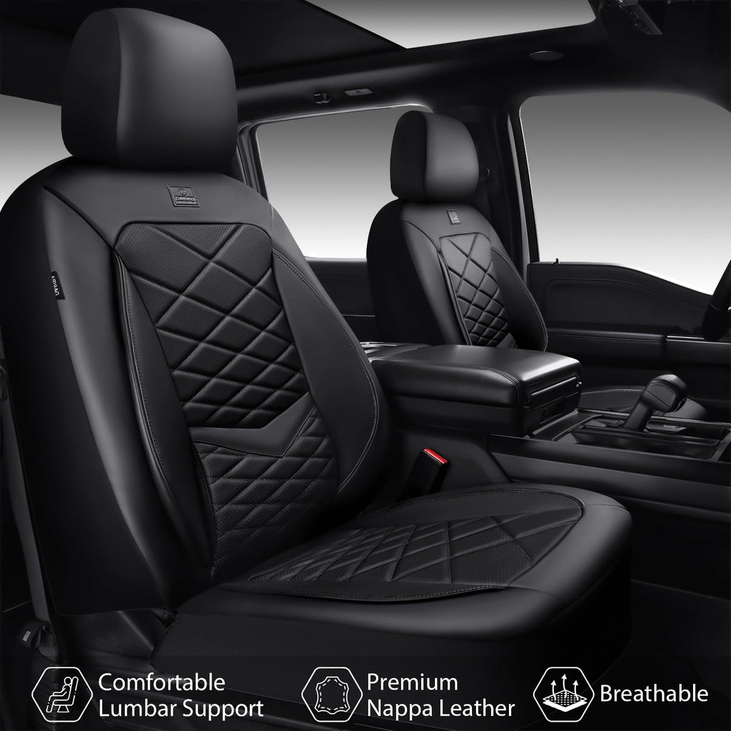 Water Resistant Faux Leather Seat Covers Full Set with Lumbar Support Solid Black D7272