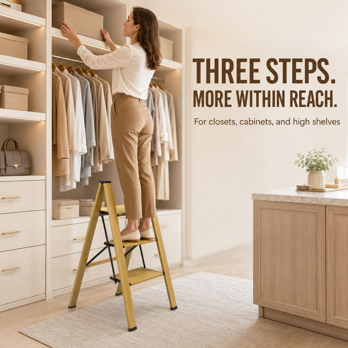 Gold Aluminum 3 Step Folding Stool, 330 lb Capacity S73109