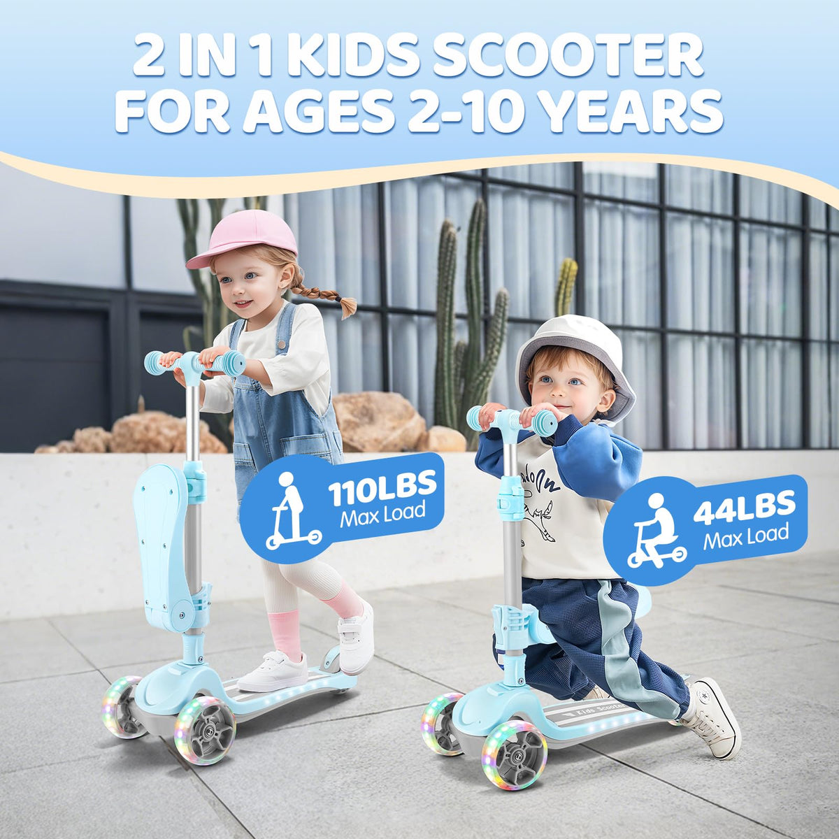 2 in 1 Kids Scooter with Seat, LED Light-Up Wheels, 4 Adjustable Heights U62092