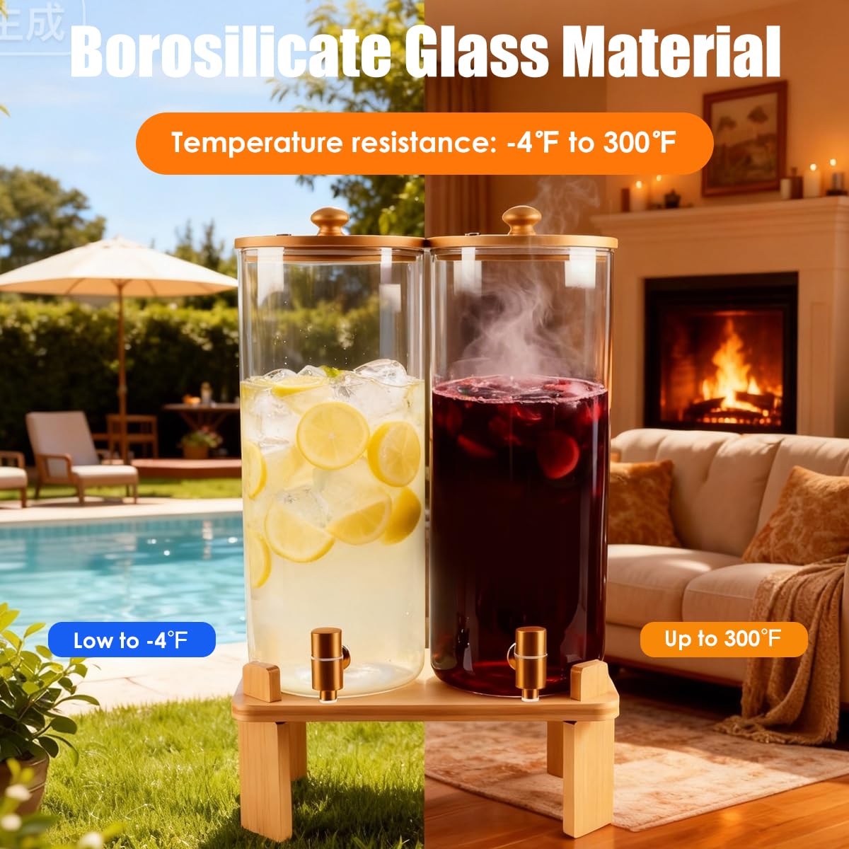 2 Gallon 2 Pack Glass Drink Dispenser with Wood Stand H438341