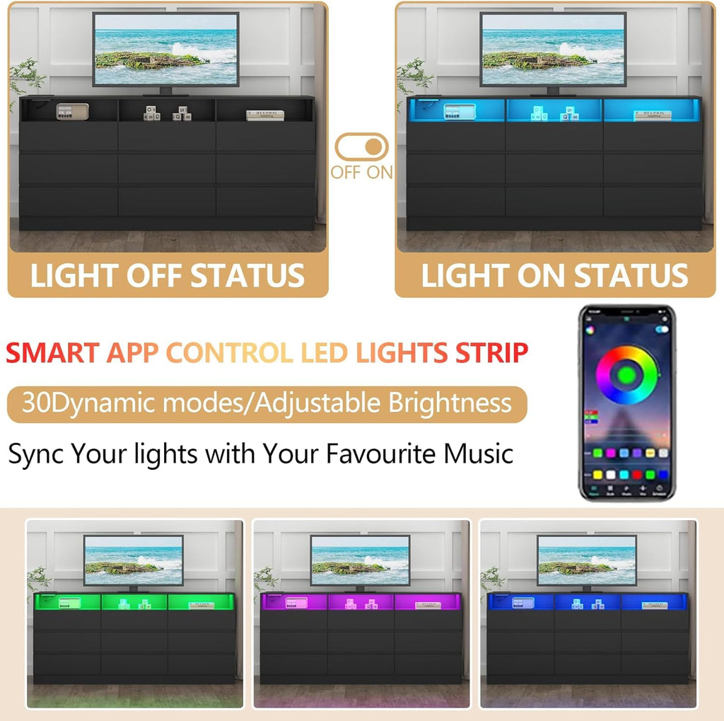 Black 9 Drawer Dresser with LED Lights & Power Outlet O288
