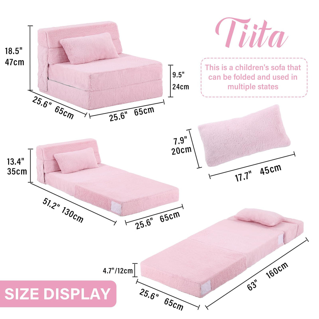 Pink Plush Convertible Folding Kids Sofa Bed with Pillow & Storage Bag W4320