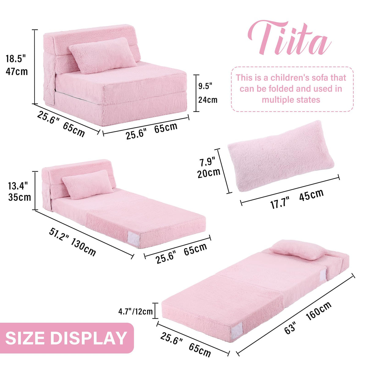 Pink Plush Convertible Folding Kids Sofa Bed with Pillow & Storage Bag W4320