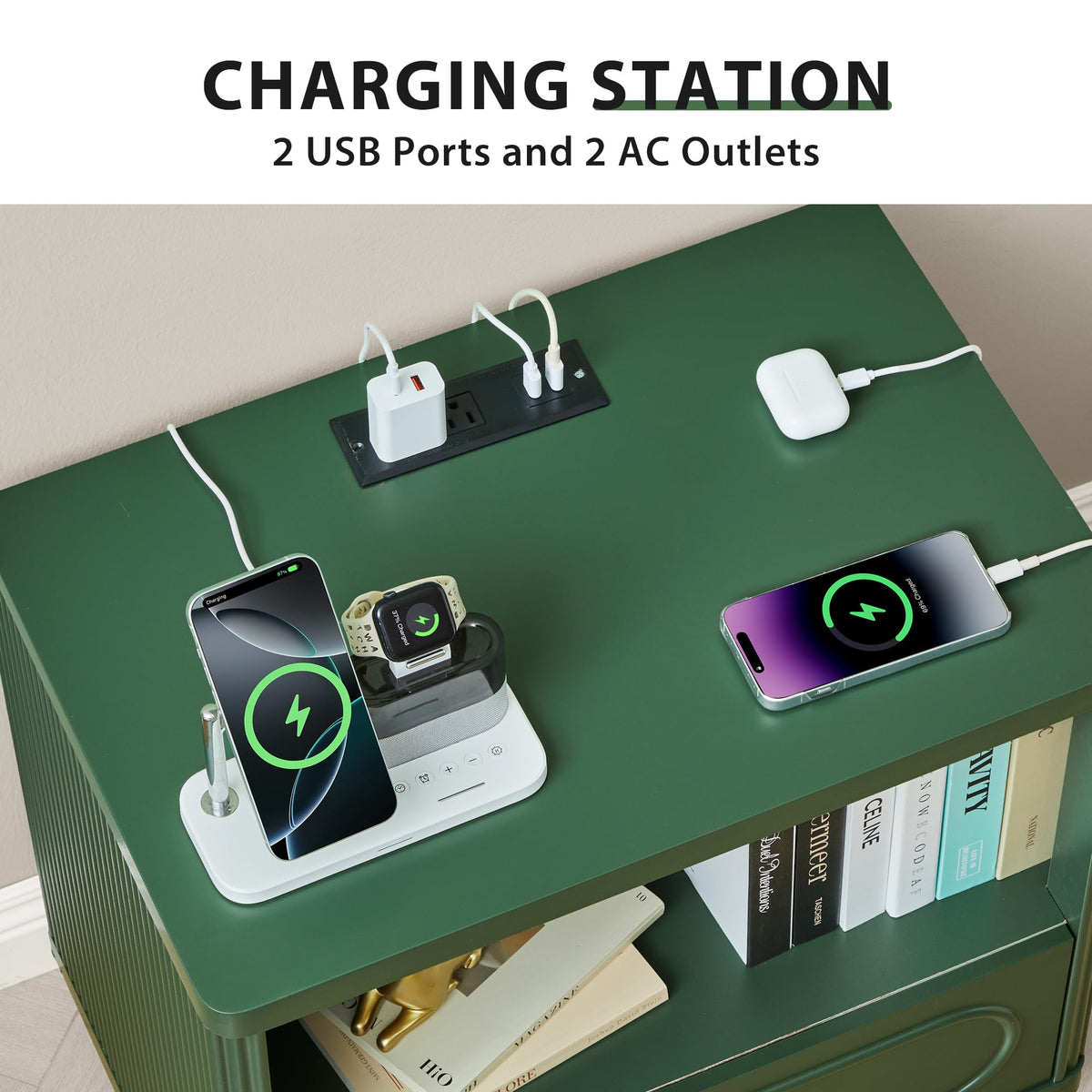 Green Fluted Nightstand Set of 2 with Charging Station O5682