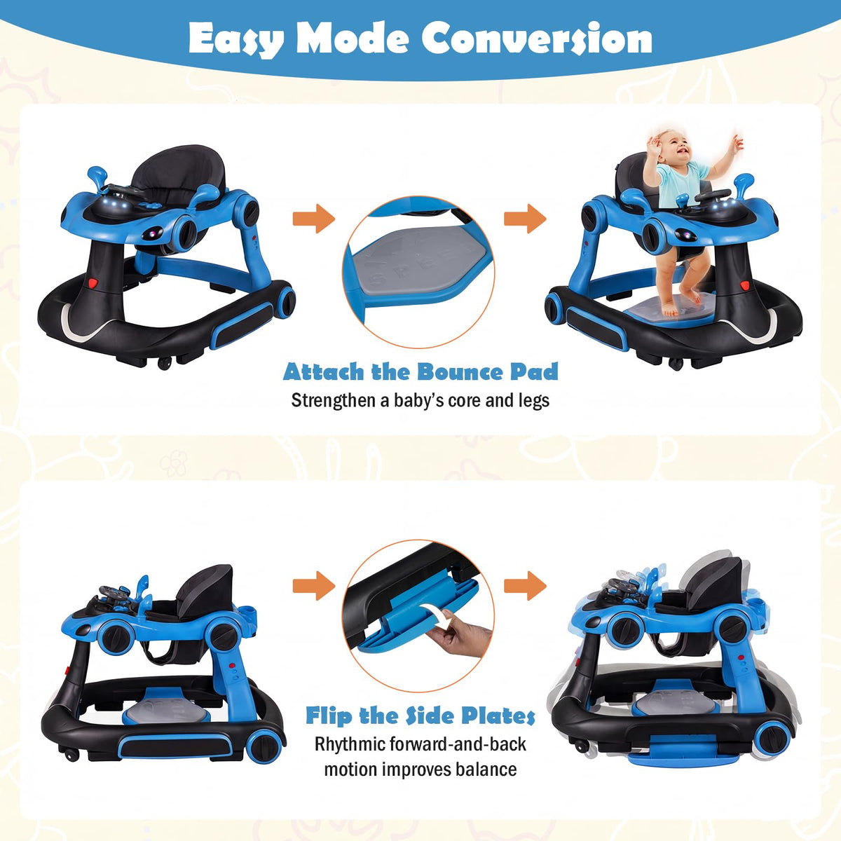 Foldable Baby Walker with Canopy and Wheels X68214