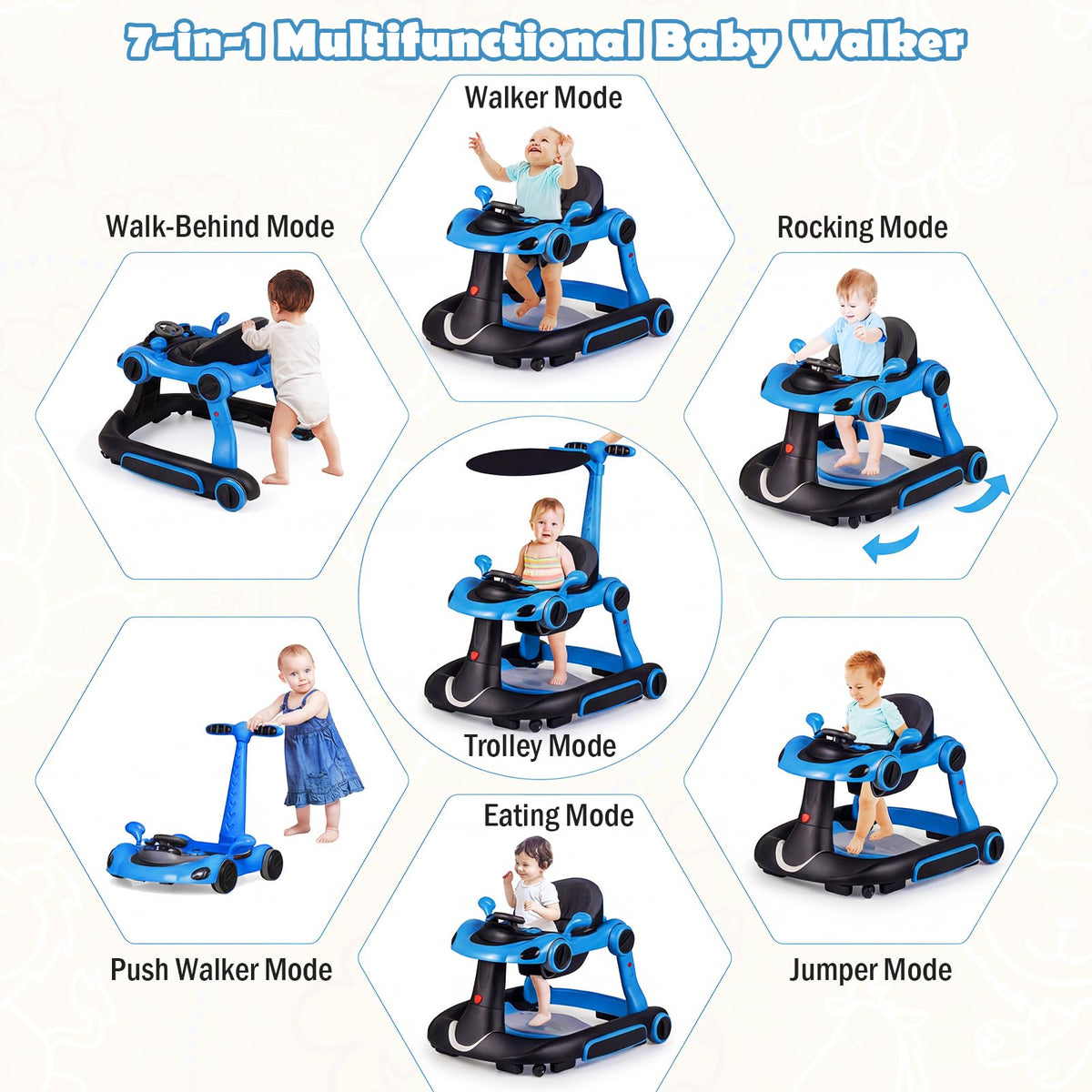 Foldable Baby Walker with Canopy and Wheels X68214