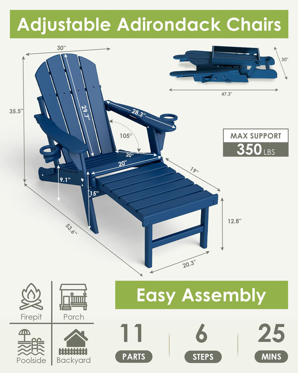 Adjustable Adirondack Chairs with Ottoman Set of 2 Blue U537333