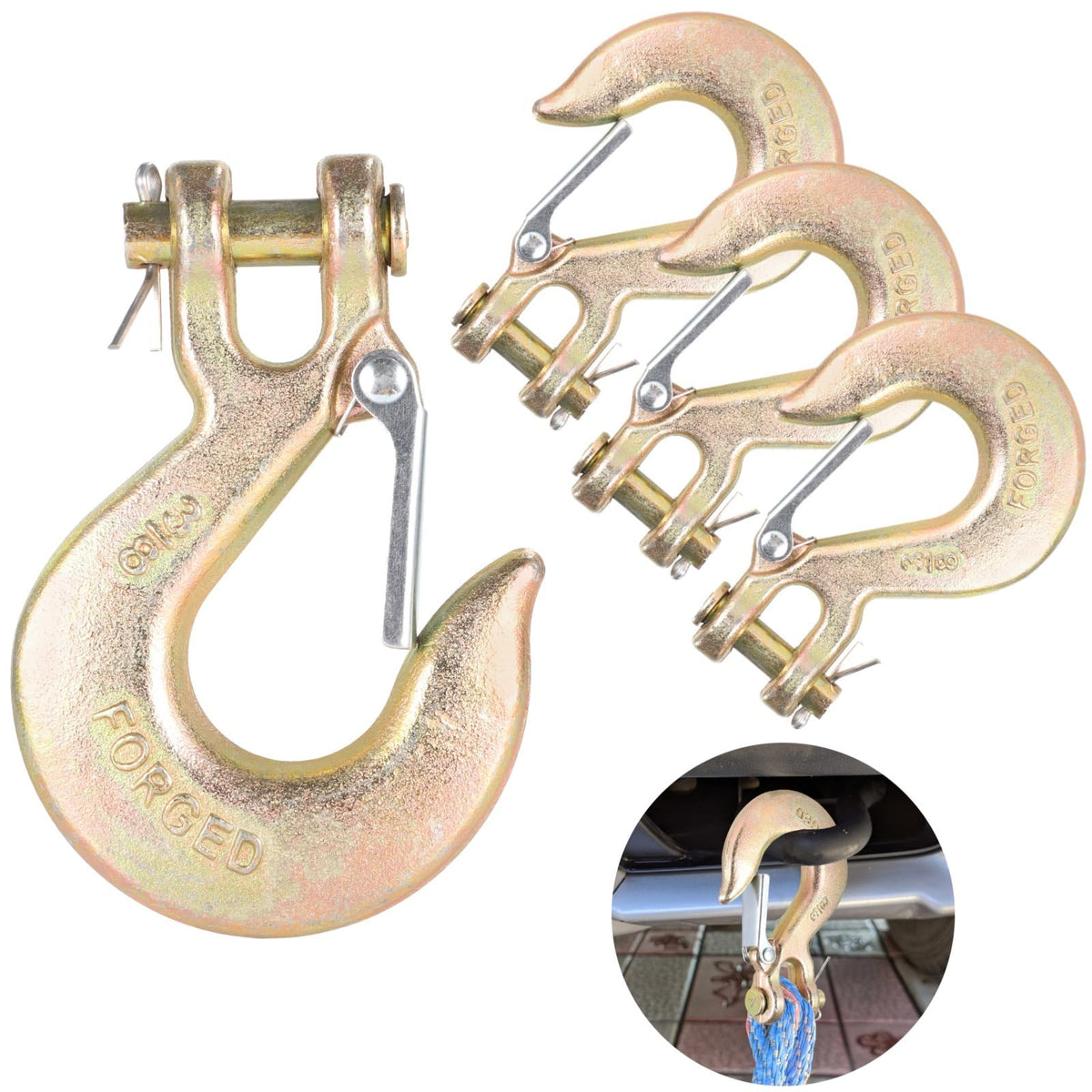 4-Pack 3/8 Forged Clevis Slip Hooks with Safety Latch I3421