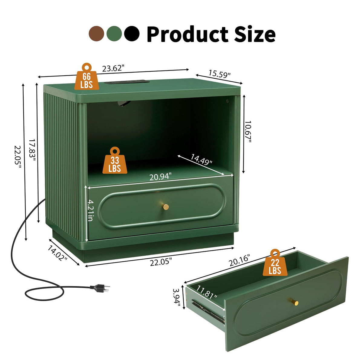Green Fluted Nightstand Set of 2 with Charging Station O5682