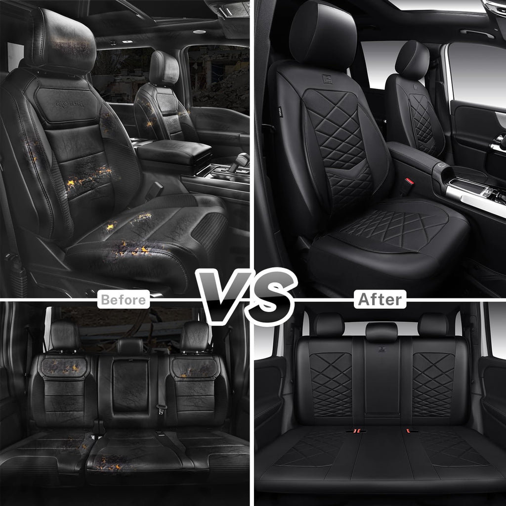 Water Resistant Faux Leather Seat Covers Full Set with Lumbar Support Solid Black D7272