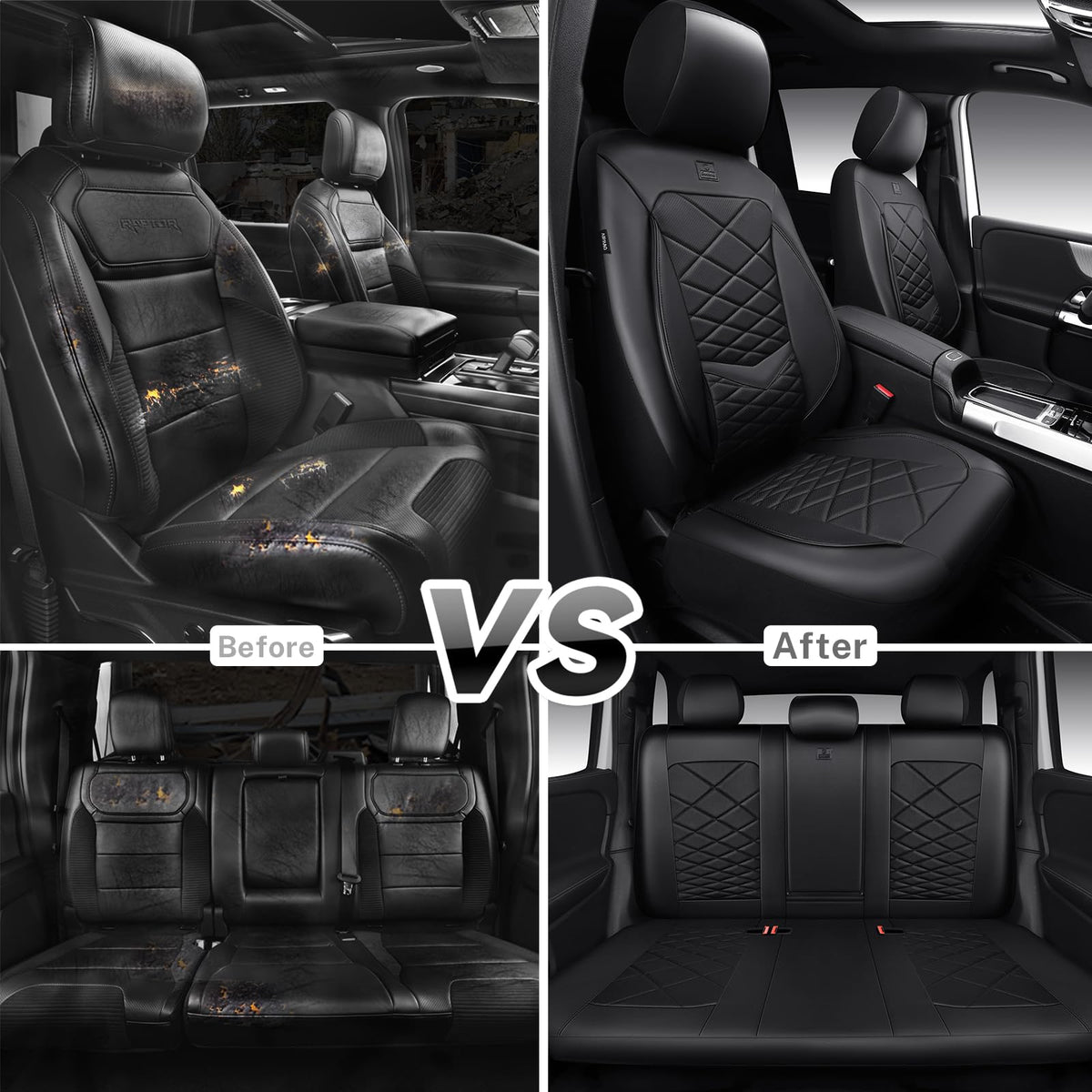 Water Resistant Faux Leather Seat Covers Full Set with Lumbar Support Solid Black D7272