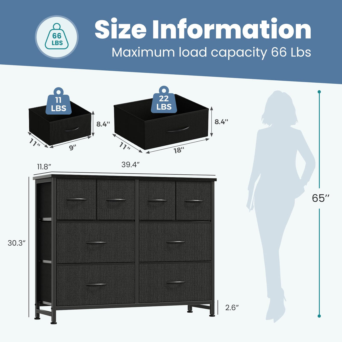 Black 8 Fabric Drawer Dresser with Wood Top I93717