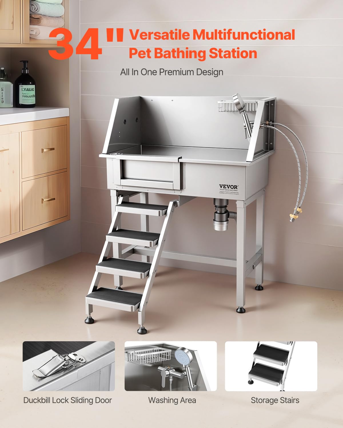 34" Stainless Steel Dog Washing Station with Shower Faucet X537431