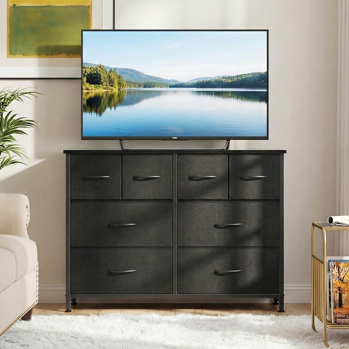 Black 8 Fabric Drawer Dresser with Wood Top I93717