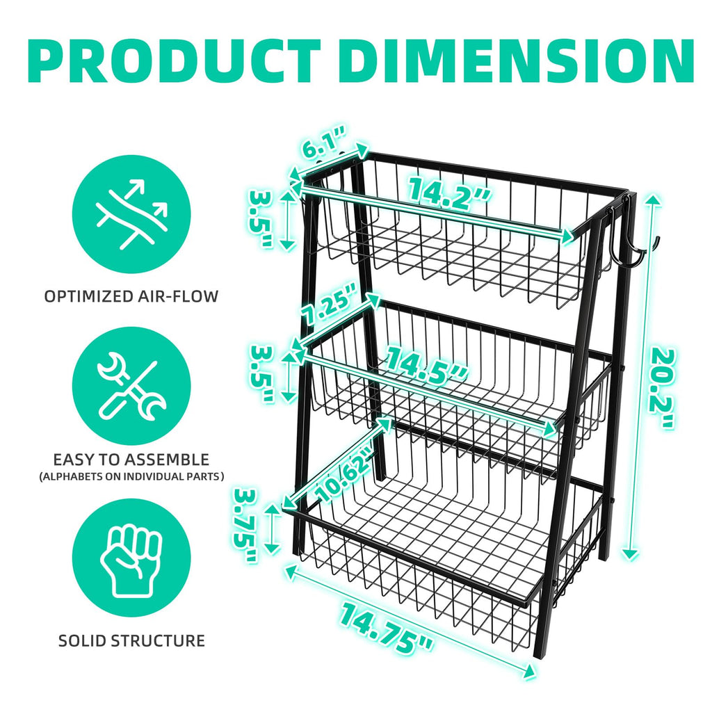 3-Tier Black Metal Wire Fruit Basket with Banana Hooks U720818