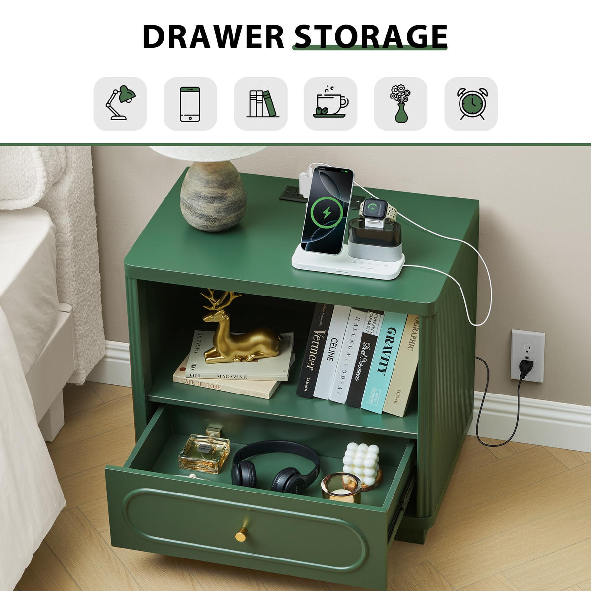 Green Fluted Nightstand Set of 2 with Charging Station O5682