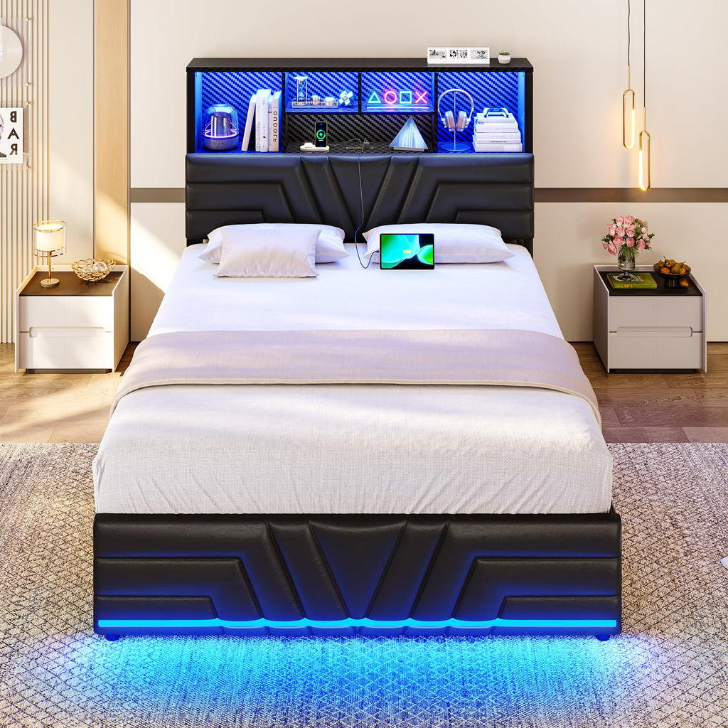 Full Size Bed Frame with 4 Drawers and Storage Headboard, Black Q2083