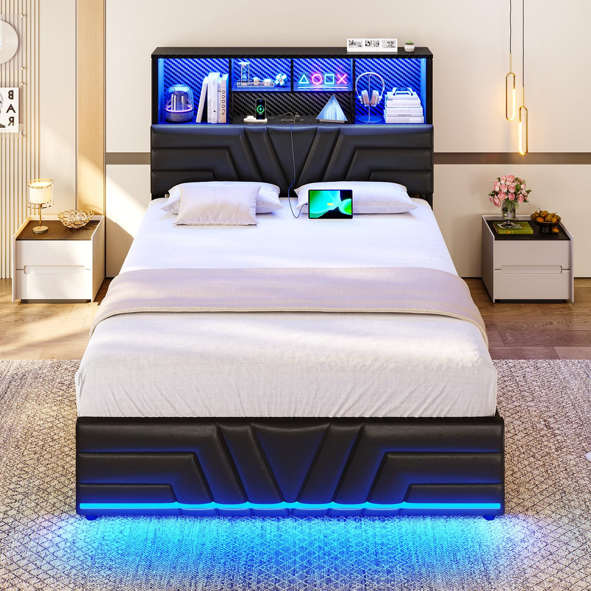 Full Size Bed Frame with 4 Drawers and Storage Headboard, Black Q2083