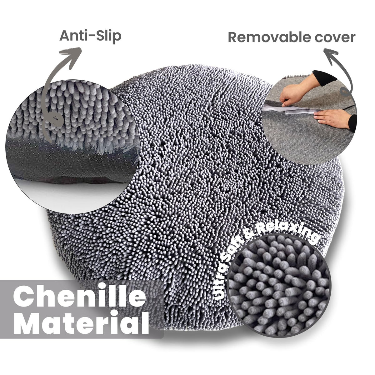 Soft Round Chenille Dog Bed with Removable Washable Cover Grey Medium F8903