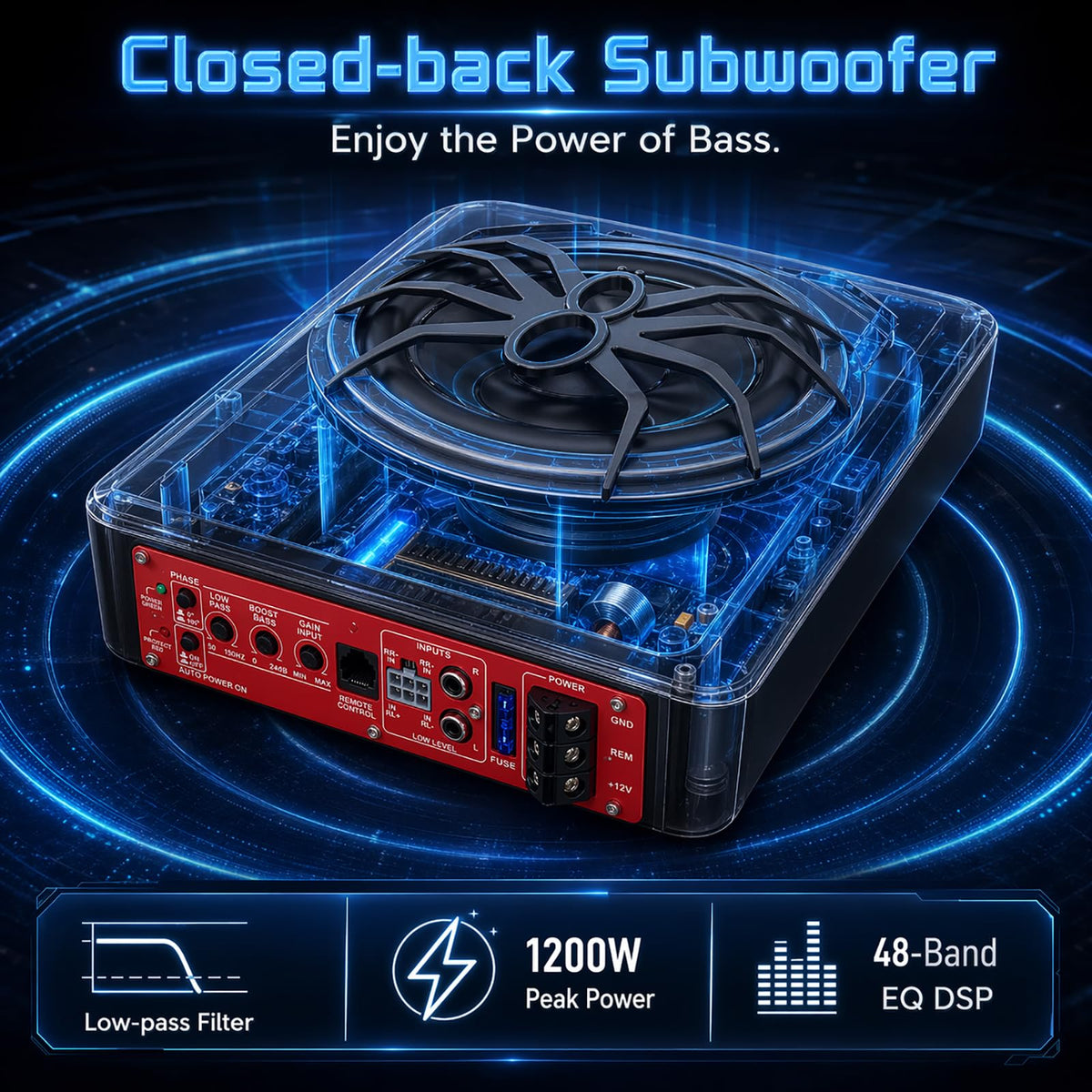 1200W Slim Under-Seat Powered Car Subwoofer with Built-in Amp Z13111