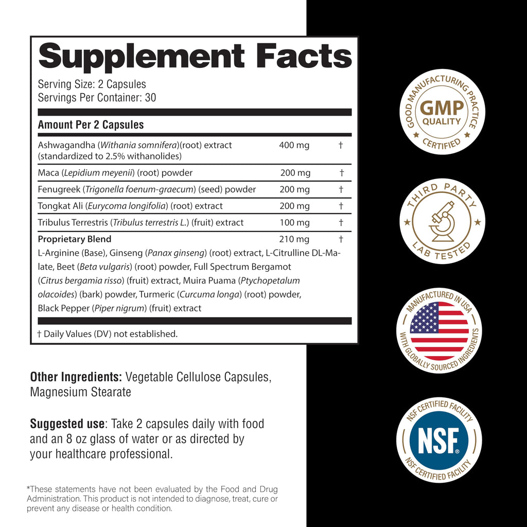 Maca Root Fenugreek Ashwagandha L-Arginine Ginseng Muira Puama Herbal Supplement 60 Capsules I582488