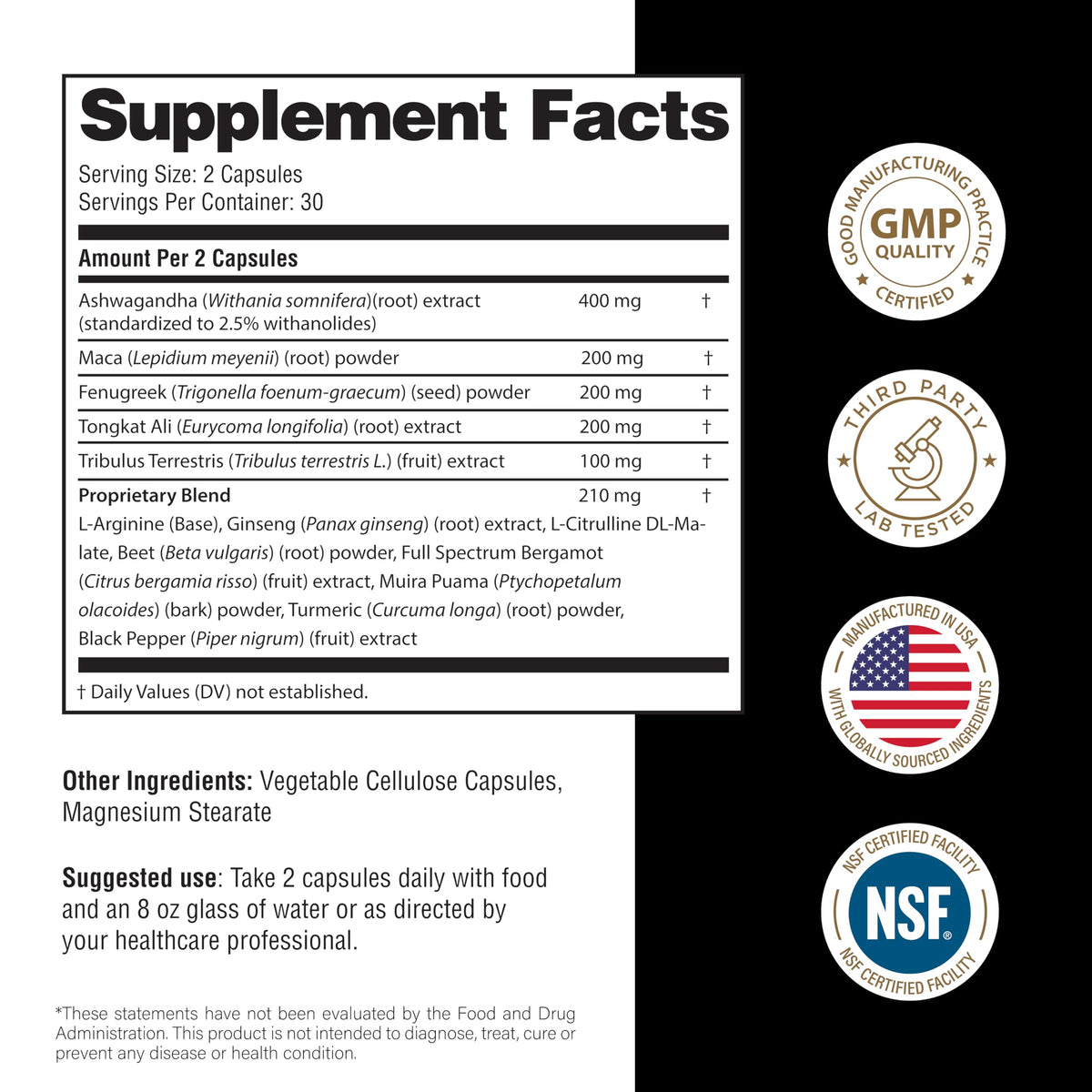 Maca Root Fenugreek Ashwagandha L-Arginine Ginseng Muira Puama Herbal Supplement 60 Capsules I582488