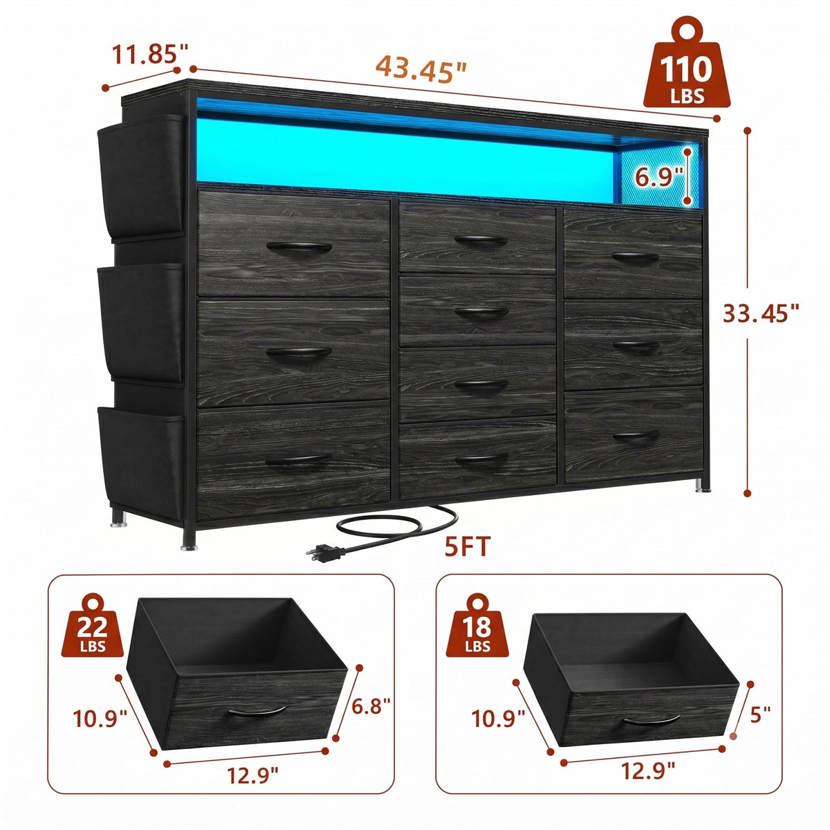 10 Drawer Dresser with LED Lights & Power Outlets Q789800