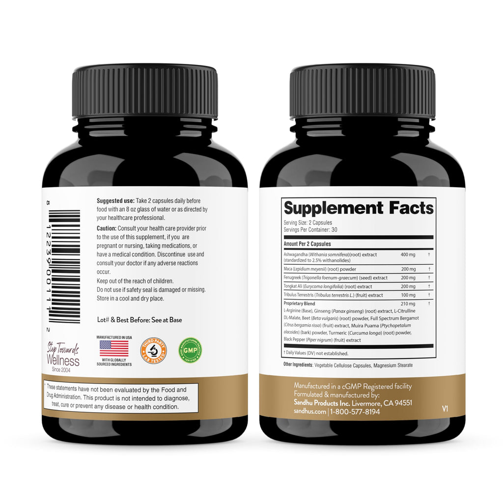 Maca Root Fenugreek Ashwagandha L-Arginine Ginseng Muira Puama Herbal Supplement 60 Capsules I582488