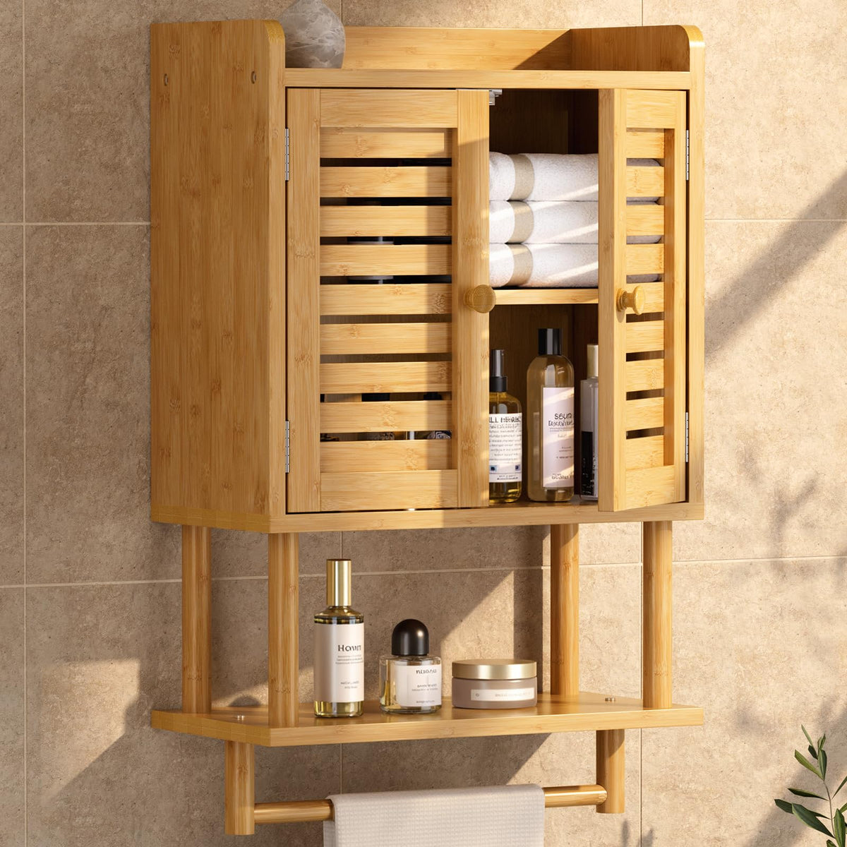Bamboo Over The Toilet Storage Cabinet with Towel Bar S48496