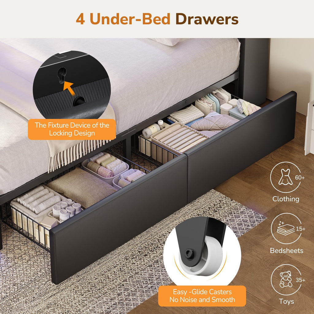 Full Size Bed Frame with 4 Drawers and Storage Headboard, Black Q2083
