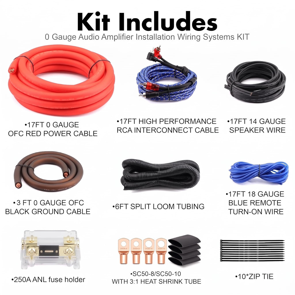 0 Gauge Pure OFC Amplifier Wiring Kit with Fuse Holder & RCA R26056