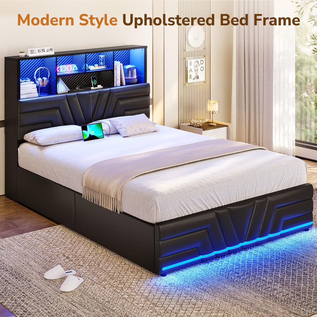 Full Size Bed Frame with 4 Drawers and Storage Headboard, Black Q2083
