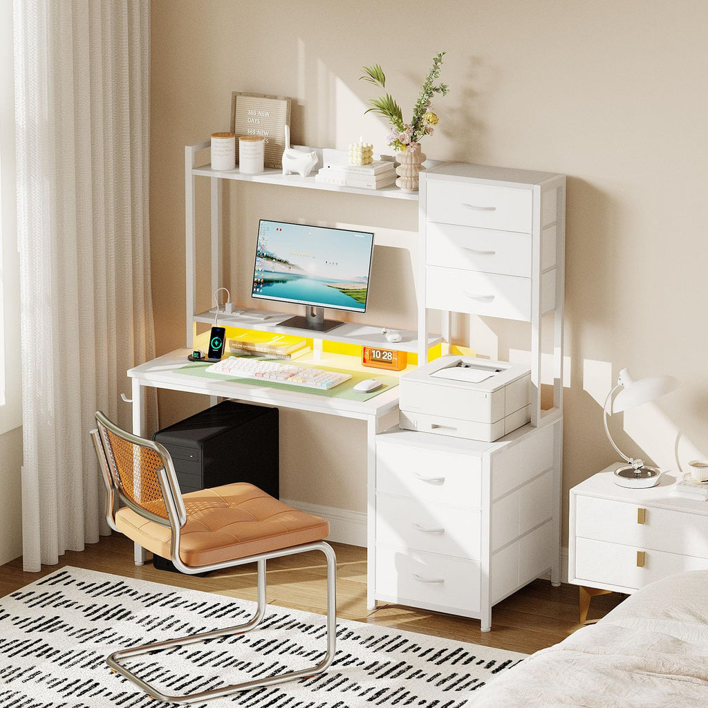 47 Inch White Computer Gaming Desk with Hutch and 6 Fabric Drawers G48989