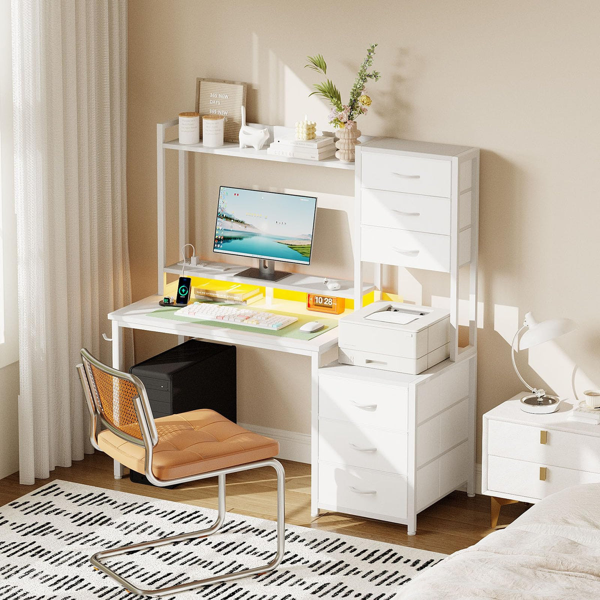 47 Inch White Computer Gaming Desk with Hutch and 6 Fabric Drawers G48989