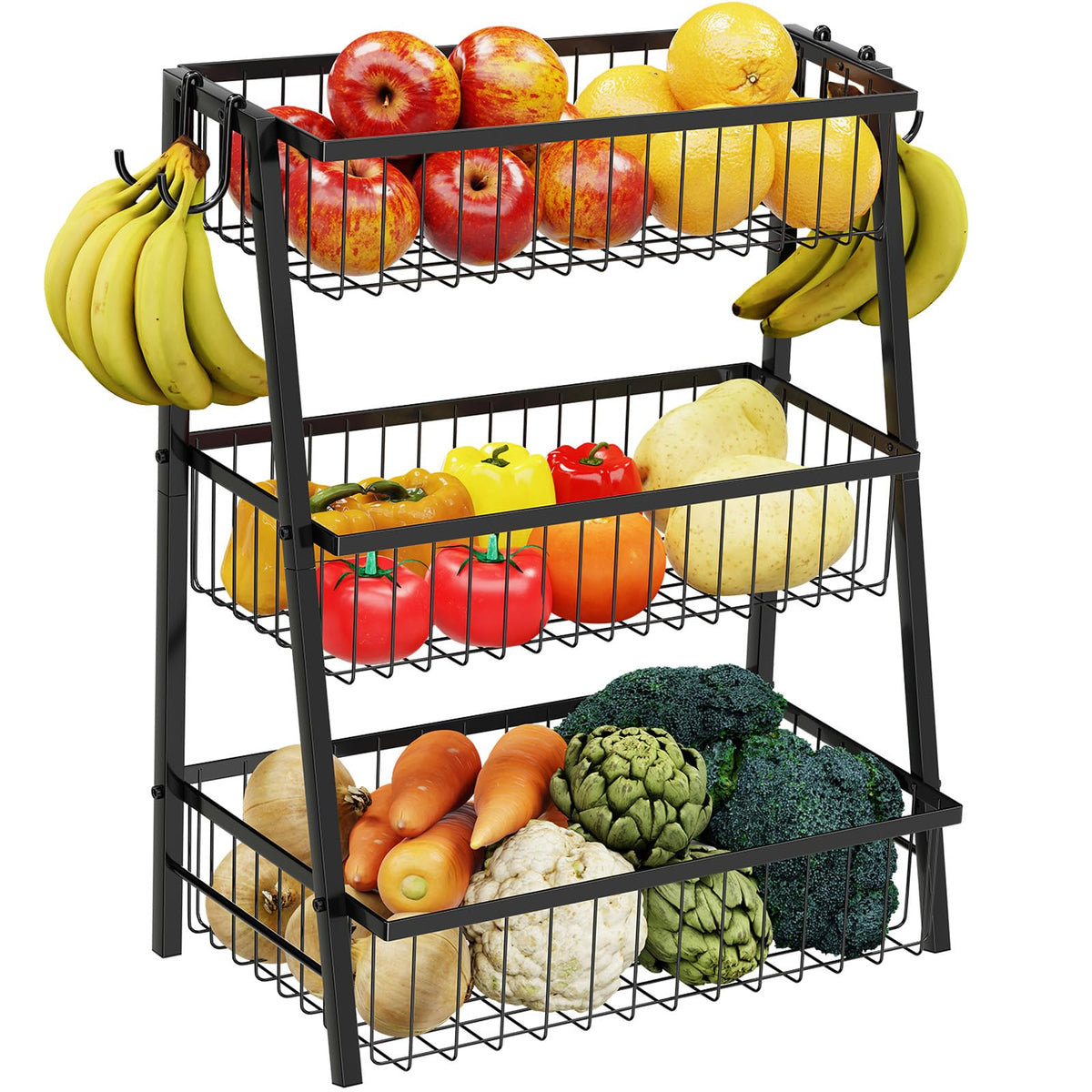 3-Tier Black Metal Wire Fruit Basket with Banana Hooks U720818