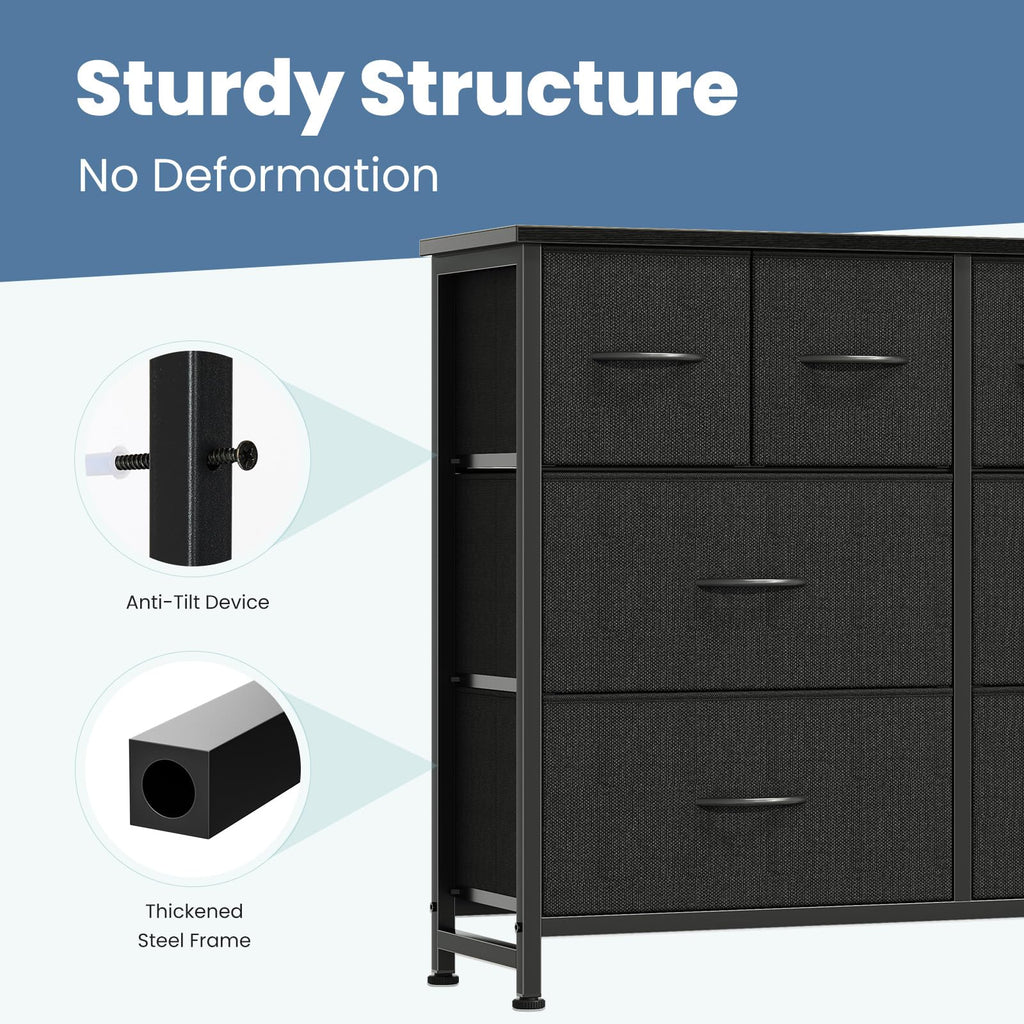 Black 8 Fabric Drawer Dresser with Wood Top I93717
