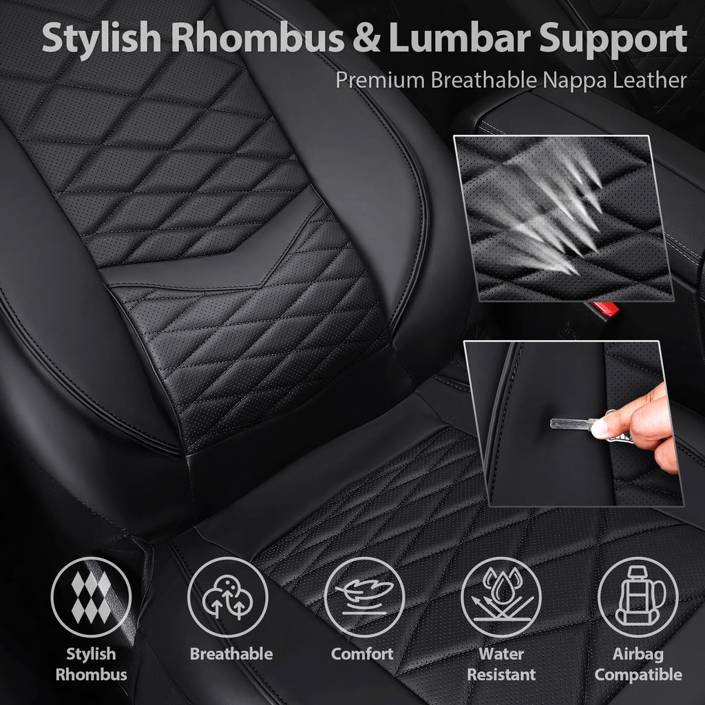 Water Resistant Faux Leather Seat Covers Full Set with Lumbar Support Solid Black D7272
