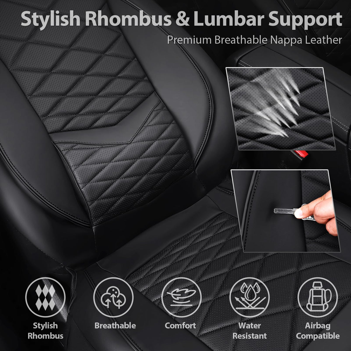 Water Resistant Faux Leather Seat Covers Full Set with Lumbar Support Solid Black D7272