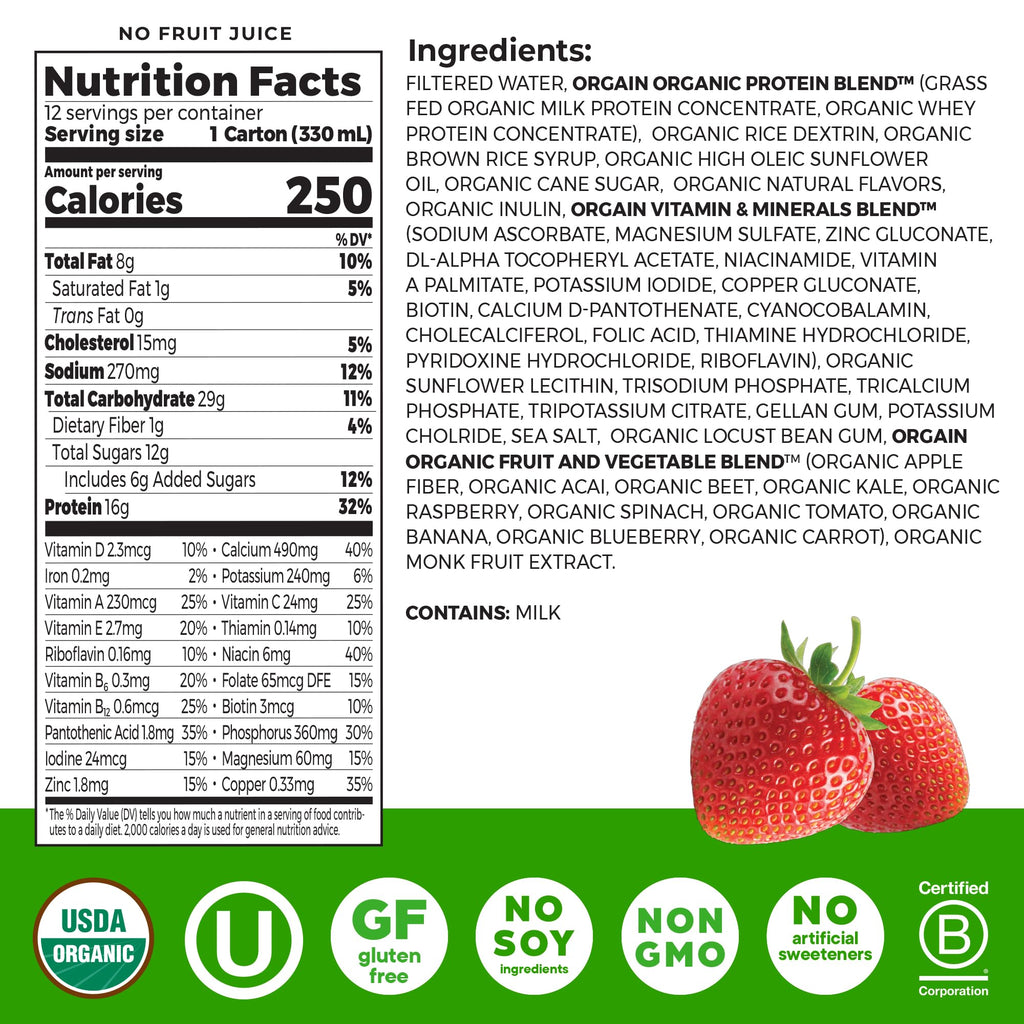 Organic Grass Fed Protein Shake, Strawberry, 11oz, 12pk N75880