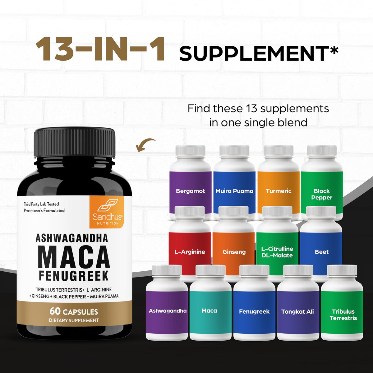 Maca Root Fenugreek Ashwagandha L-Arginine Ginseng Muira Puama Herbal Supplement 60 Capsules I582488