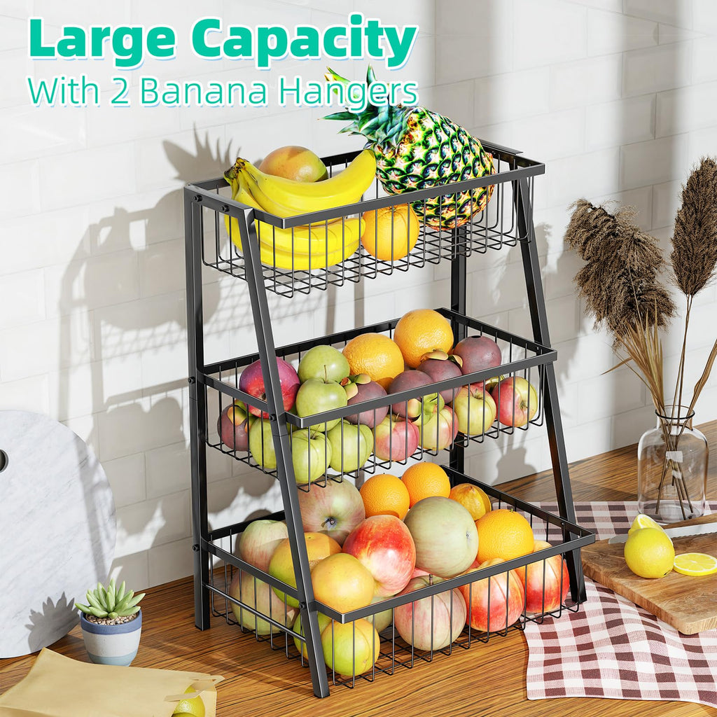 3-Tier Black Metal Wire Fruit Basket with Banana Hooks U720818