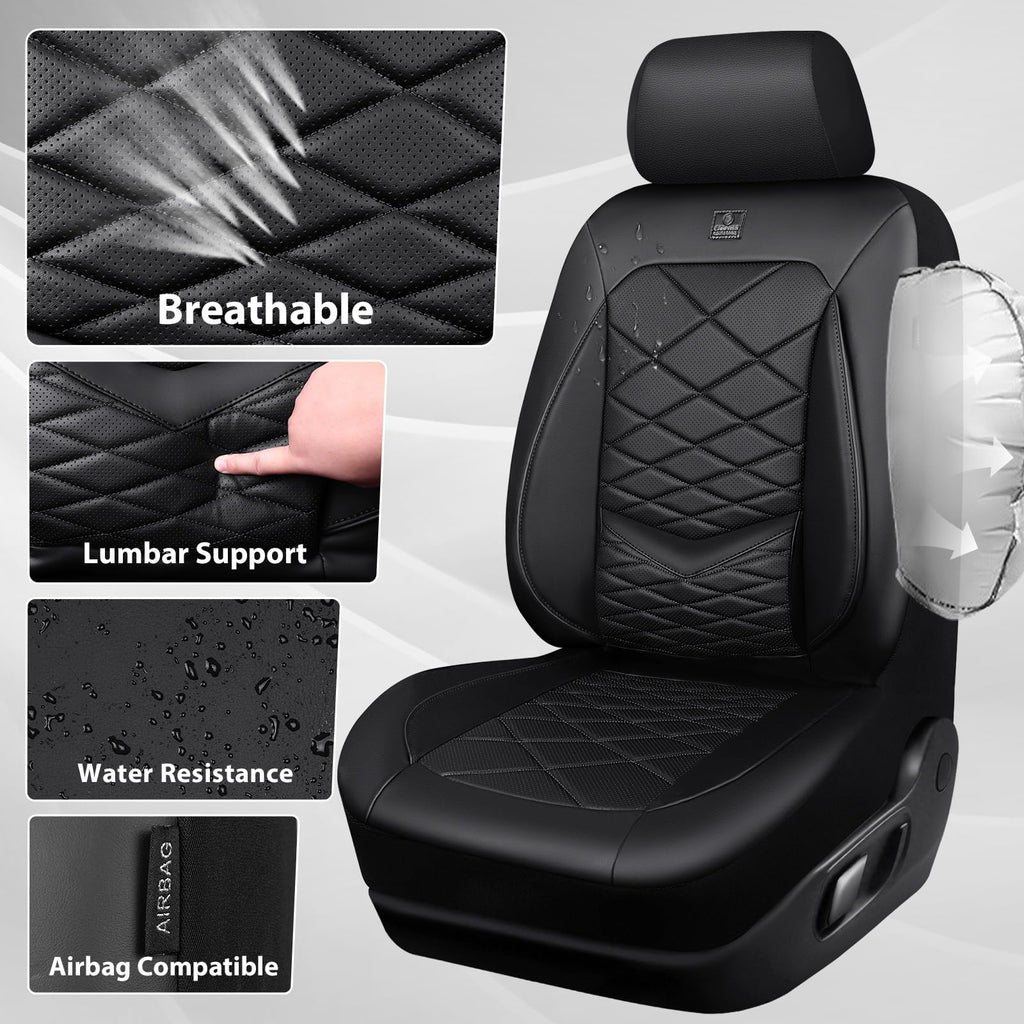 Water Resistant Faux Leather Seat Covers Full Set with Lumbar Support Solid Black D7272