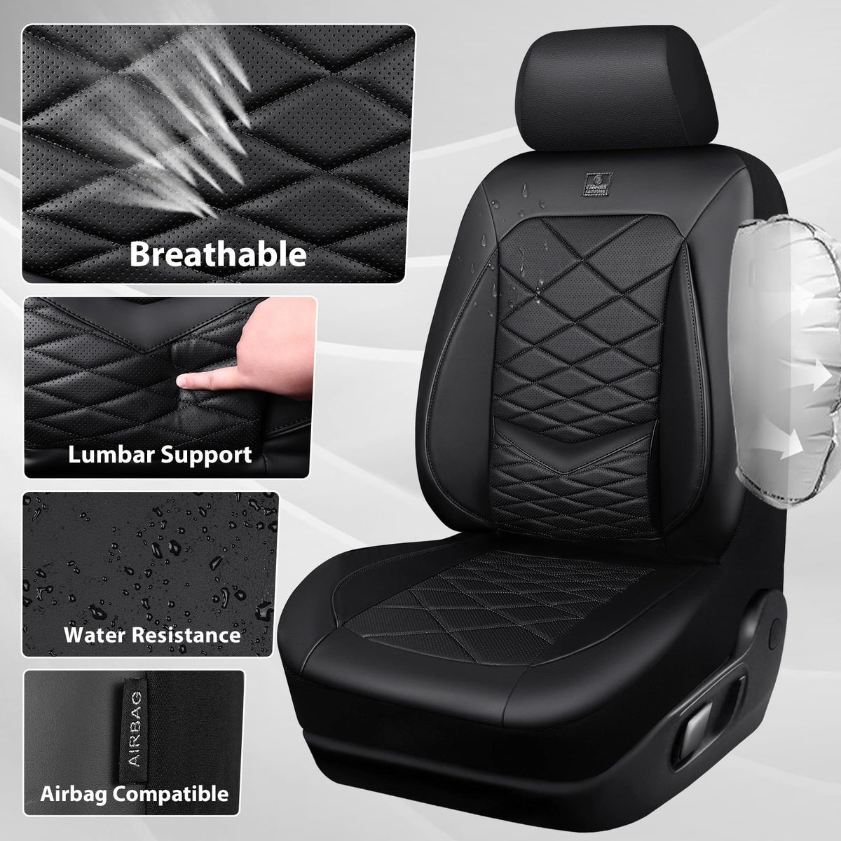 Water Resistant Faux Leather Seat Covers Full Set with Lumbar Support Solid Black D7272