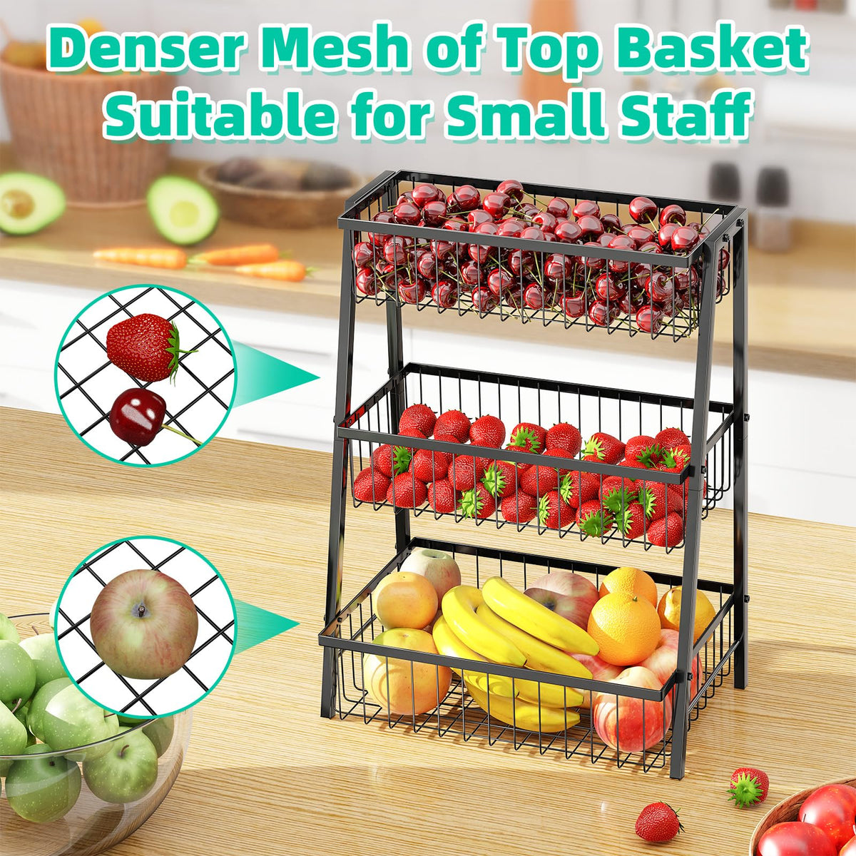 3-Tier Black Metal Wire Fruit Basket with Banana Hooks U720818