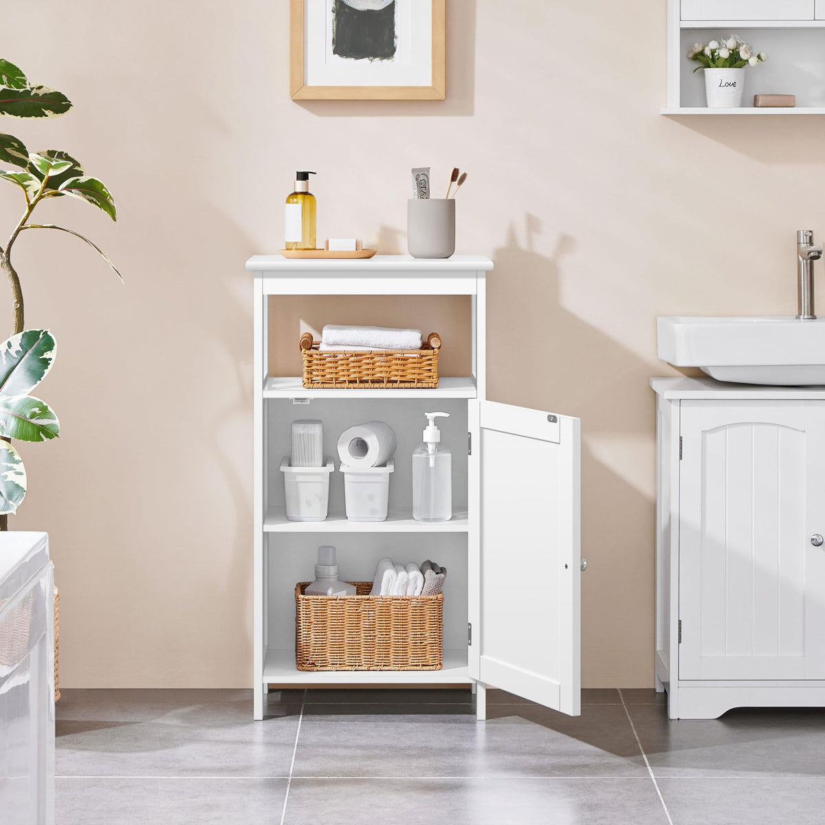 White Bathroom Storage Cabinet with Door & Open Shelf J968