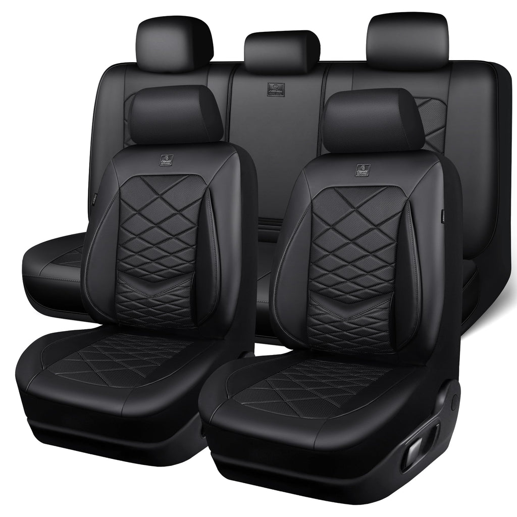 Water Resistant Faux Leather Seat Covers Full Set with Lumbar Support Solid Black D7272