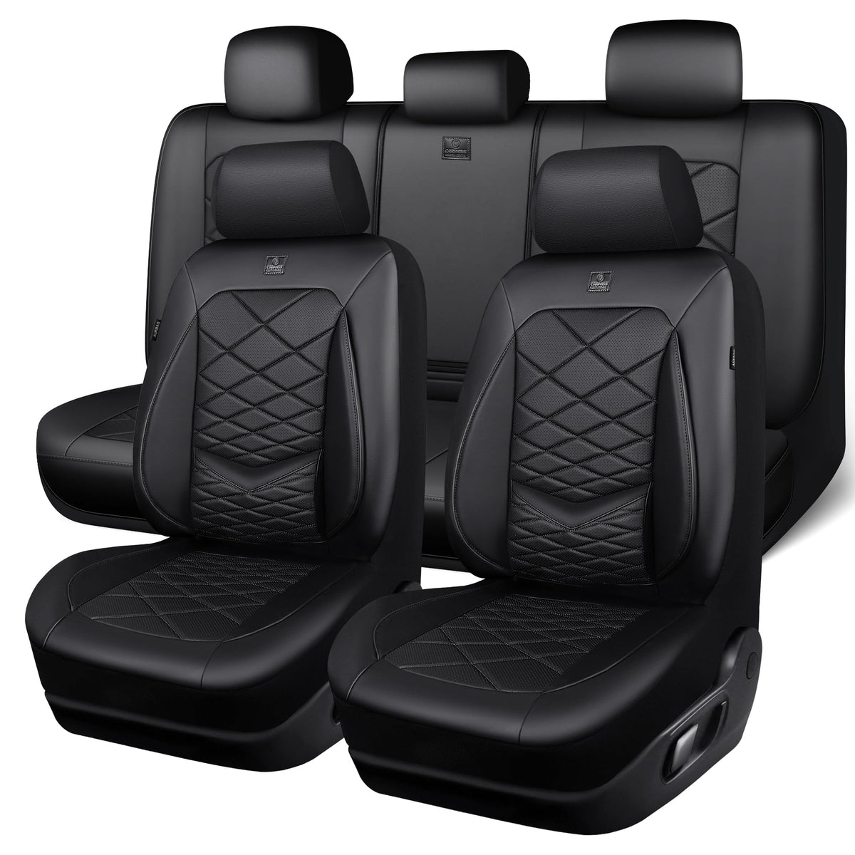 Water Resistant Faux Leather Seat Covers Full Set with Lumbar Support Solid Black D7272