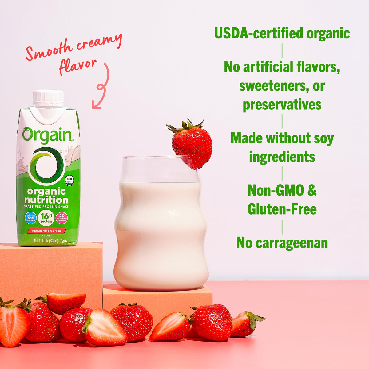 Organic Grass Fed Protein Shake, Strawberry, 11oz, 12pk N75880